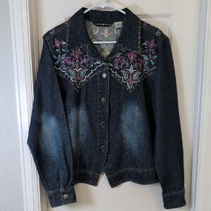 Vintage Western Embroidered Dark Denim Jacket with Floral Accents